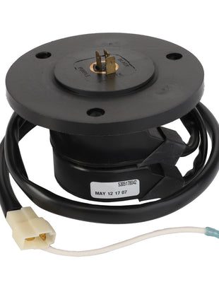 An AGCO SWITCH - ACY1560940 black electric motor features a round base and an attached black cable. The cable includes a white connector and an additional wire with a blue terminal. The motor is labeled with the date "May 12 17 07." Currently, there is no additional product description information available.