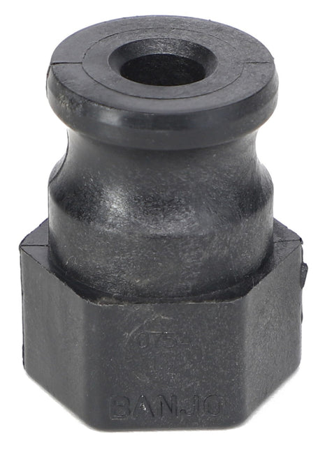 A black plastic hexagonal adapter featuring a cylindrical top and a central hole, marked with the text "BANJO." For more information or assistance, please refer to the product description of AGCO | ADAPTER FITTING - AG000760 or contact our support team.