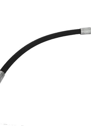 Introducing the AGCO | Hose - Acx2488680 by AGCO: a flexible black hydraulic hose equipped with silver metal fittings at both ends, one end featuring a straight fitting and the other a bent fitting.