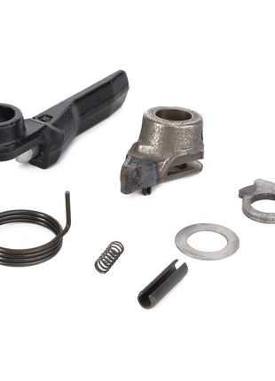 Introducing the AGCO Lever, Automatic Clevis, Trailer Hitch - F816500070030 repair kit featuring essential linkage components, including a black lever, a metallic bracket, a coiled spring, a small spring, a washer, and a metallic clip.