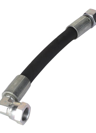 Introducing the AGCO Hose - Acp0295700, a flexible black hydraulic hose equipped with metal fittings at both ends, featuring one straight and one right-angle connection.