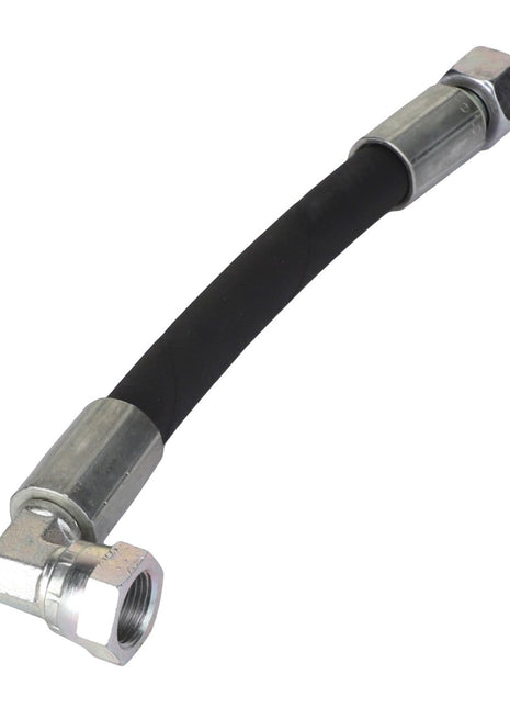 Introducing the AGCO Hose - Acp0295700, a flexible black hydraulic hose equipped with metal fittings at both ends, featuring one straight and one right-angle connection.
