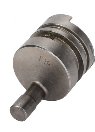 Close-up of the AGCO metallic cylindrical lever, model Acp0282460, with the marking "F19" etched on its flat surface and a protruding rod at one end. No current product description available for this AGCO Lever - Acp0282460.