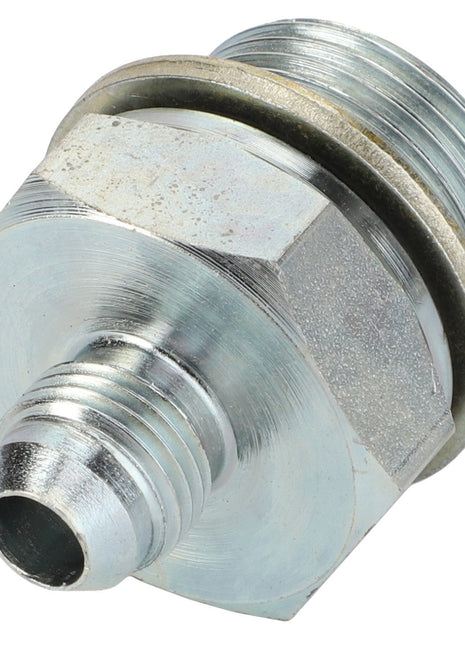 A close-up image of the AGCO | ADAPTER - AL5028092, a metal threaded pipe fitting complete with a hexagonal nut and a gasket washer, reveals essential details; however, there is no current product description available.