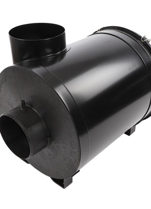 The AGCO | Air Filter - Acw200829A by AGCO is a sleek black cylindrical industrial filter featuring two round openings and secure clamp closures on the sides.