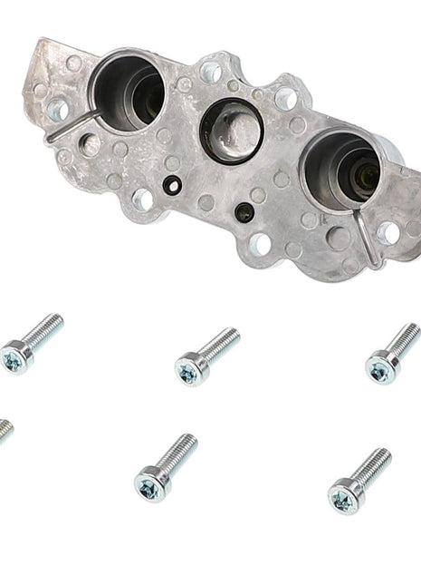 Product: AGCO | END CAP - AL60008696 – A metal mechanical component featuring cylindrical extensions and multiple holes, includes six screws. No additional product description information available.