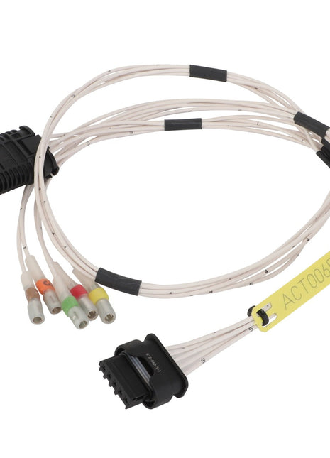 A bundle of electrical cables with multi-colored connectors and a label tag reading "ACT0065150," identified as the AGCO Harness - Act0065150, featuring black and beige wiring. No current product description available for this product.