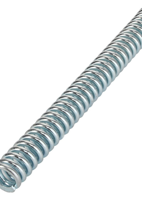 A coiled metal spring with a shiny surface is shown against a white background. This product is known as AGCO | SPRING - V30671810, branded by AGCO.