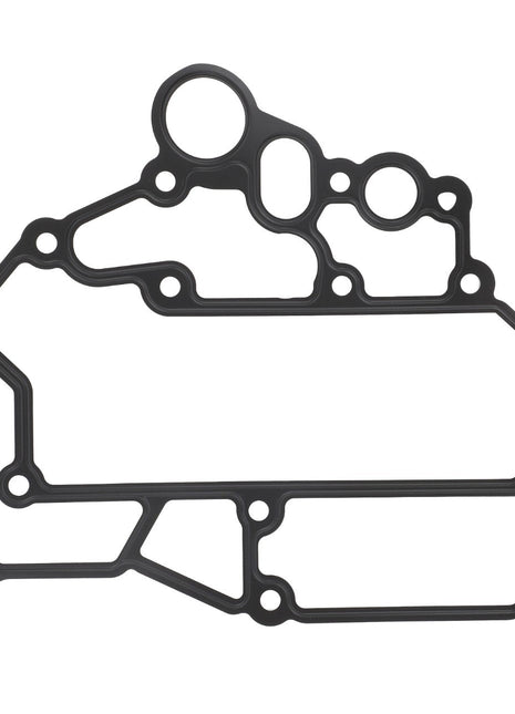 No current product description is available for the AGCO Gasket - Acp0411280, a black gasket designed for an engine, featuring multiple cutouts and holes to fit specific machinery components.