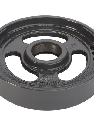 The AGCO Idler Pulley - La300133410 is a black metal pulley featuring three circular cutouts and a central hole. Currently, no additional product description is available.