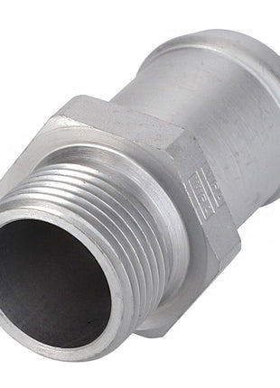 The AGCO Hose Barb - Acp0359620 is a sturdy silver metal pipe connector with both threaded and non-threaded ends, perfect for plumbing or industrial applications.