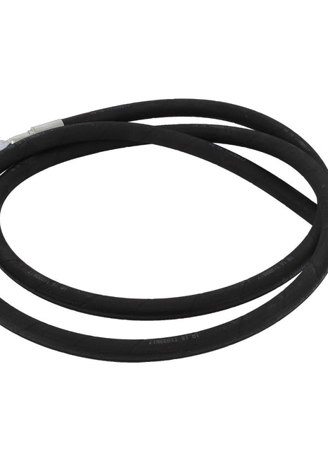 AGCO | Hydraulic Hose - Acw3379750: A black coiled hydraulic hose featuring sturdy metal fittings on both ends.