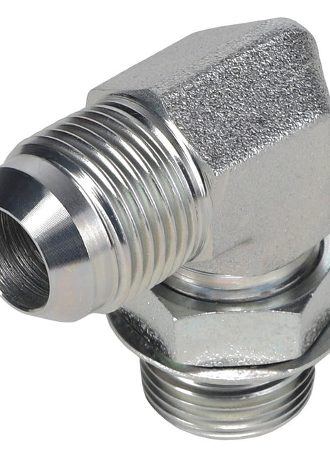 A 90° fitting metal elbow pipe with male JIC threaded ends, depicted against a white background, is identified as the AGCO | ELBOW FITTING - AG554510 by AGCO.