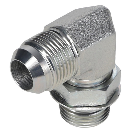 A 90° fitting metal elbow pipe with male JIC threaded ends, depicted against a white background, is identified as the AGCO | ELBOW FITTING - AG554510 by AGCO.