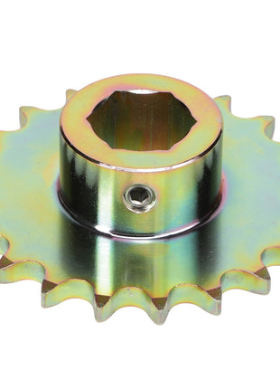 The AGCO Sprocket - Ba5284 is a metallic gear sprocket featuring a circular hole in the center and a shiny, reflective surface. Despite its evenly spaced teeth around its perimeter, there is currently no detailed product description information available.