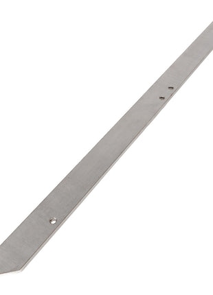 The AGCO | GUIDE, LEFT HAND - AG717659 is a flat, elongated metal strip with one end pointed and several small holes along its length. No current product description information is available for this item.