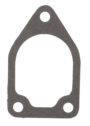 A close-up view of the AGCO | GASKET - 10V6829, featuring a flat, gray design with an oval center hole, two smaller circular holes at the bottom, and one at the top. For more details on this item or for ordering assistance, please refer to our product description or contact our support team.