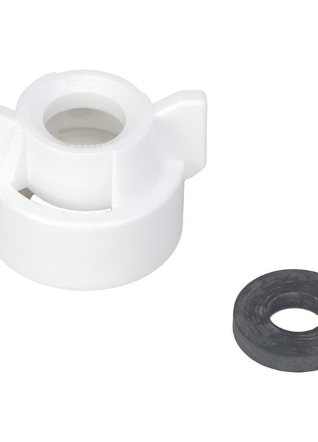 The AGCO Quick TeeJet Cap, White, Universal Fit (ACP0484660) sits next to a black rubber washer, forming a vital part of your setup. For more details or assistance from our support team, please refer to the product description before ordering.