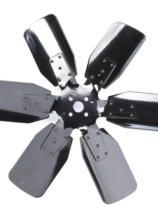 The AGCO Fan Blade, model V836140044, featuring six rounded-edged metal blades, essential for managing the engine’s temperature in a tractor's radiator, is displayed against a white background.