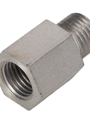 A product from AGCO, specifically the NOZZLE - F824200090280, featuring a hexagonal metal coupling with both threaded male and female ends.