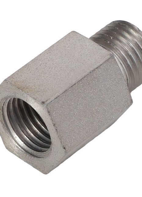 A product from AGCO, specifically the NOZZLE - F824200090280, featuring a hexagonal metal coupling with both threaded male and female ends.