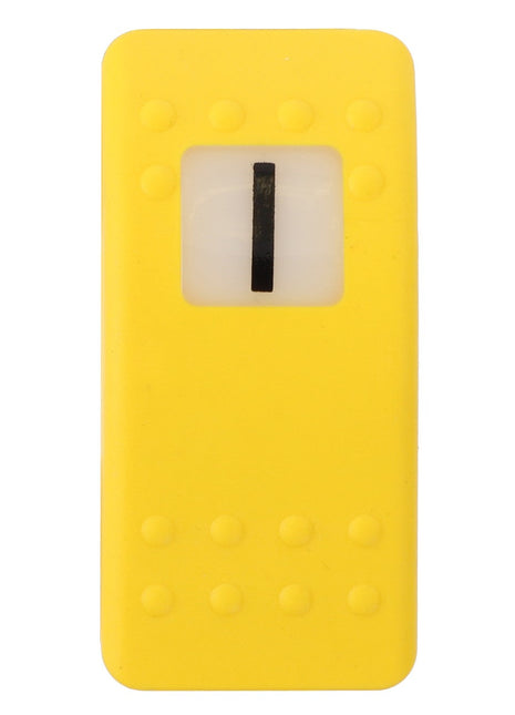 The AGCO | SWITCH - D45050039 is a yellow plastic rectangle that features a white section centered with a black vertical stripe, complemented by small circular indentations below the white section.