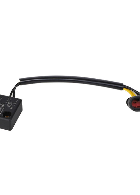 A black solenoid switch with a small box housing and a connected wire terminating in a red and black connector plug, known as the AGCO | Solenoid Switch - Acw0703140 by AGCO.