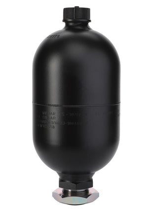 The AGCO Diaphragm Accumulator, 1 L - Acw1123550, is a black, cylindrical pressure vessel featuring a threaded connector at the bottom and a cap on top, making it ideal for energy storage in hydraulic accumulators.