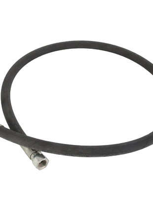 The AGCO HOSE - AL9031580 is a coiled black hydraulic hose with metal fittings at both ends, featuring one straight and one angled connection.