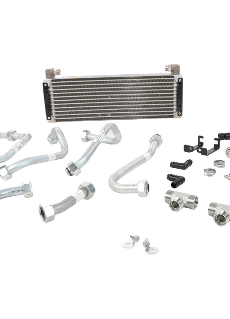 The AGCO | Kit, Cooling - Acw2402460 includes metal pipes, hoses, fittings, and an aluminum radiator for a car transmission cooler.
