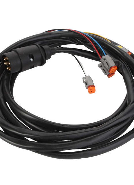 The AGCO | CABLE - AL60003948 by AGCO is a coiled black cable featuring multiple colored wires and connectors at each end, ensuring seamless connectivity for various devices.