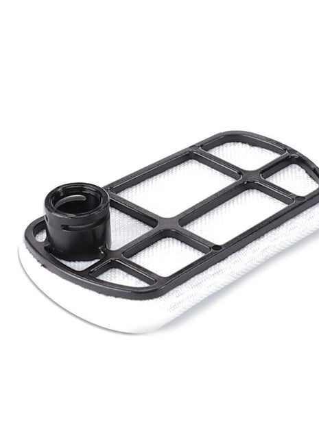 A white rectangular filter, known as the AGCO | Fuel Filter Cartridge - Acp0338340, featuring a black plastic frame and circular connector, designed for Fendt models, is positioned on a white background.