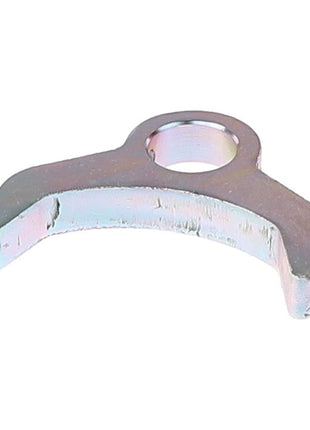 The AGCO Stop - Fel151564 is a metallic bracket featuring a central hole, two outward-extending prongs with slightly curved ends, and a sleek metallic finish.