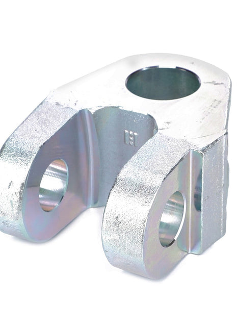 The AGCO Clevis, Hydraulic Top Link - F835870050050 is a metallic yoke component featuring three circular holes—two located at the base and one at the top—designed to meet AGCO Parts' genuine engineering specifications for hitch and linkage applications.