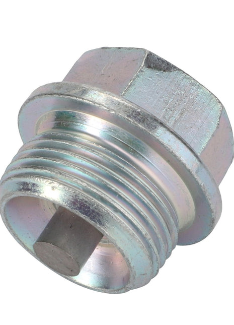 A close-up of the AGCO Screw - F180100050261, a hexagonal metallic drain plug featuring male threads and a recessed square drive socket, perfect for secure fitting.