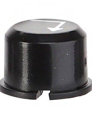 The AGCO BUTTON - D44900840 is a sleek black knob bearing a white arrow indicator on its top, designed for adjusting settings on various electronic devices.