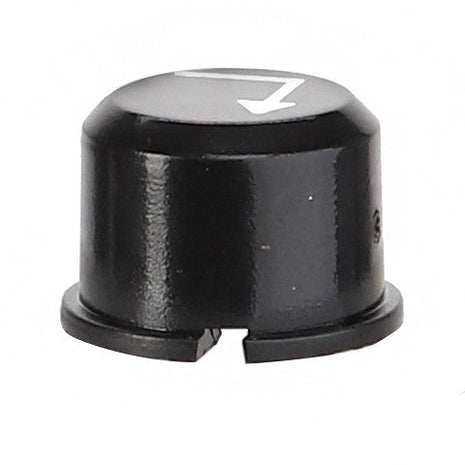 The AGCO BUTTON - D44900840 is a sleek black knob bearing a white arrow indicator on its top, designed for adjusting settings on various electronic devices.