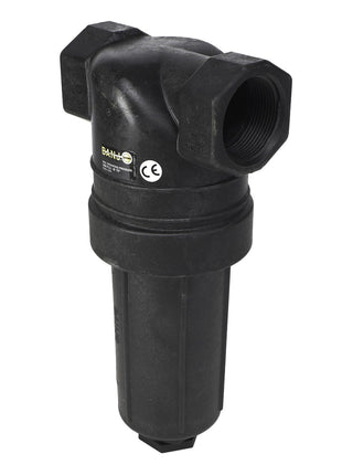 The AGCO | STRAINER - AG517880 is a black, cylindrical plastic filter housing designed for fluid or air systems, featuring an inlet and outlet on opposite sides. A CE mark is visible on the body. No current product description information is available from the manufacturer.