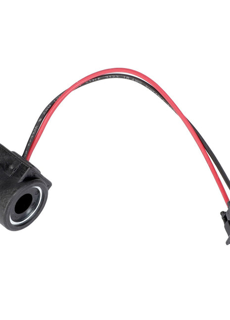 A cylindrical black automotive sensor, the AGCO TWO WIRE COIL - AG610014 by AGCO, features attached red and black wires ending in a green and black connector. No current product description information is available.