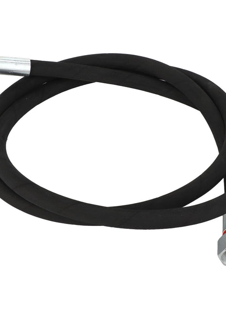 An AGCO | Hydraulic Hose - Fel151819, featuring a black rubber construction with metal connectors at both ends; one is straight, and the other is angled at 90 degrees.