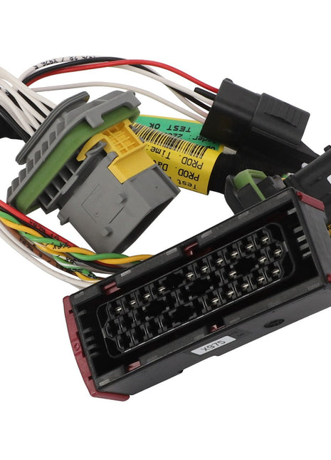 The AGCO | Harness - Acw041065B by AGCO is a collection of electrical wires in various colors, featuring a gray plastic connector and a black rectangular connector with multiple metal pins, designed for efficient power distribution.