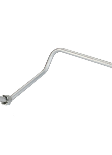 The AGCO Pipe - Acw234194A is a metallic, silver-colored pipe with an angled bend, featuring connectors at both ends, displayed on a white background. No current product description information available.