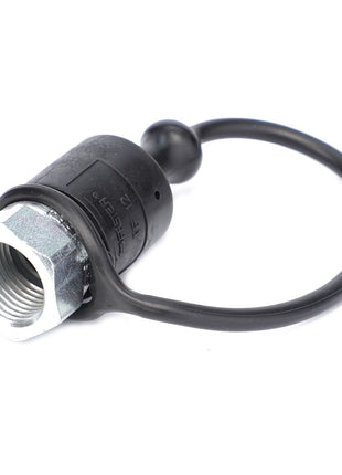 Image of the AGCO | MALE QUICK COUPLER - V30322100, featuring a black rubber dust cap attached to a metal valve connector with a looped tether. No information available on SEO keywords.