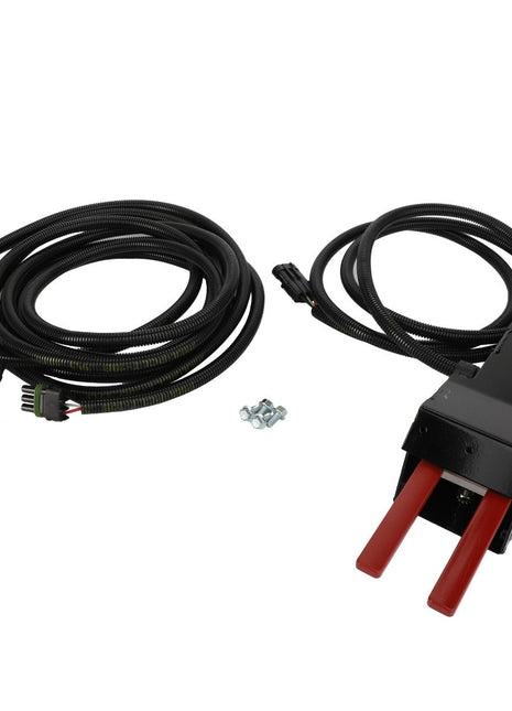 The AGCO | SENSOR - D28782797, an electronic component by AGCO, features attached red prongs and two coiled black cables. Several small screws are positioned in the center. No current product description information is available.