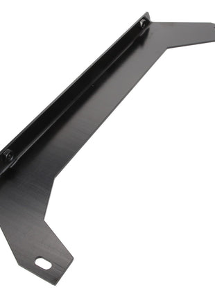 The AGCO | BRACKET - D28785227, offered by AGCO, is a robust black metal bracket with two mounting holes at each end and a raised center section for added stability.