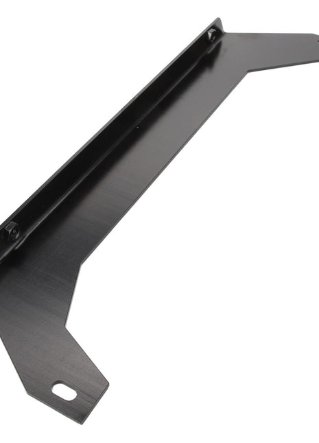 The AGCO | BRACKET - D28785227, offered by AGCO, is a robust black metal bracket with two mounting holes at each end and a raised center section for added stability.