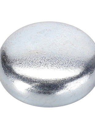 A metallic, circular, and slightly domed object resembling a solid, polished silver button or token from an AGCO Massey Ferguson tractor is shown against a plain white background. The product is identified as the AGCO Cup Plug - V640016016.