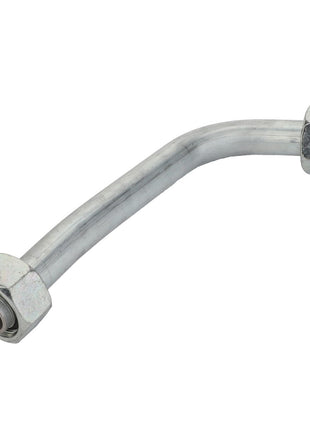 The AGCO Pressure Line - Acw9564870 is a metallic, slightly bent pipe featuring hexagonal connectors on both ends.