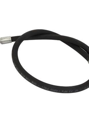 The AGCO HOSE - AL9032614 is a black hydraulic hose featuring metal connectors at both ends, coiled in a circular shape. One connector includes a right-angle bend, and the hose is marked along its length.