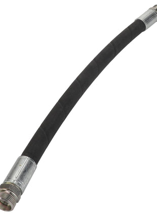 The AGCO Hydr. Hose - Acw052579A is a durable, black rubber hose with metal connectors on both ends, expertly designed to be slightly curved.